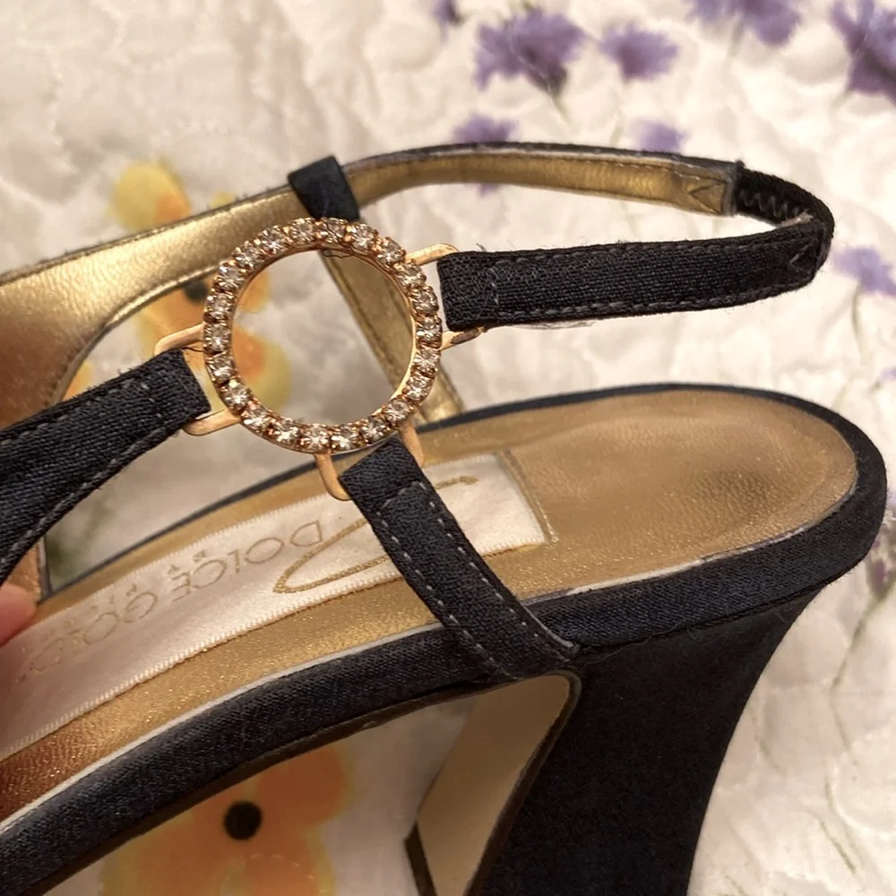 Dolce Gold by Pierre Heels Rhinestones Orlando Black Ankle Strap Elegant WM SZ 8